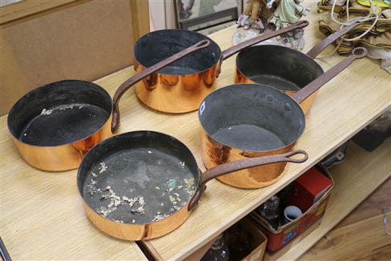 A matched set of six copper pans